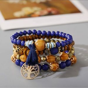 4-Piece Bohemian Tree of Life Charm Beaded Bracelet Set Handmade Wood Beads